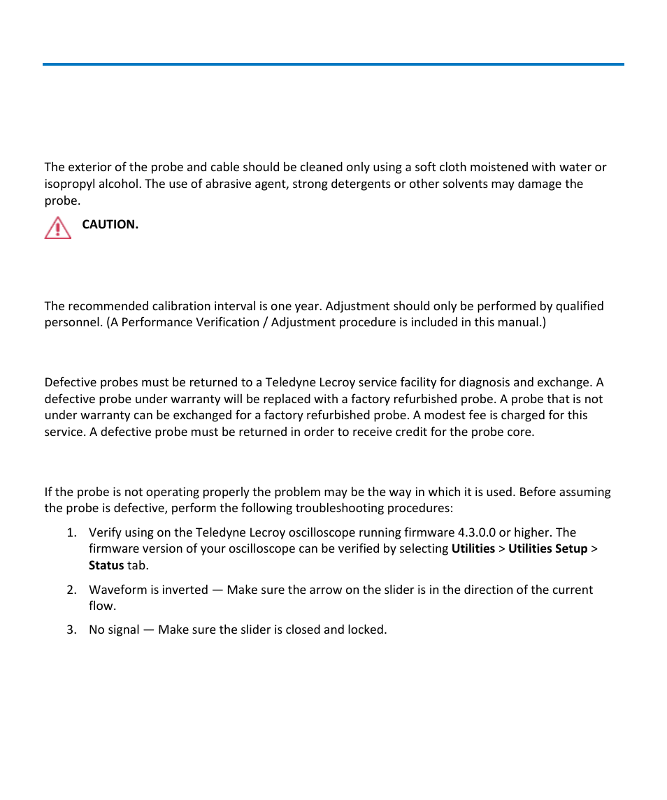 Care and maintenance, Cleaning, Calibration interval | Service strategy, Troubleshooting | Teledyne LeCroy CP150 User Manual | Page 12 / 28