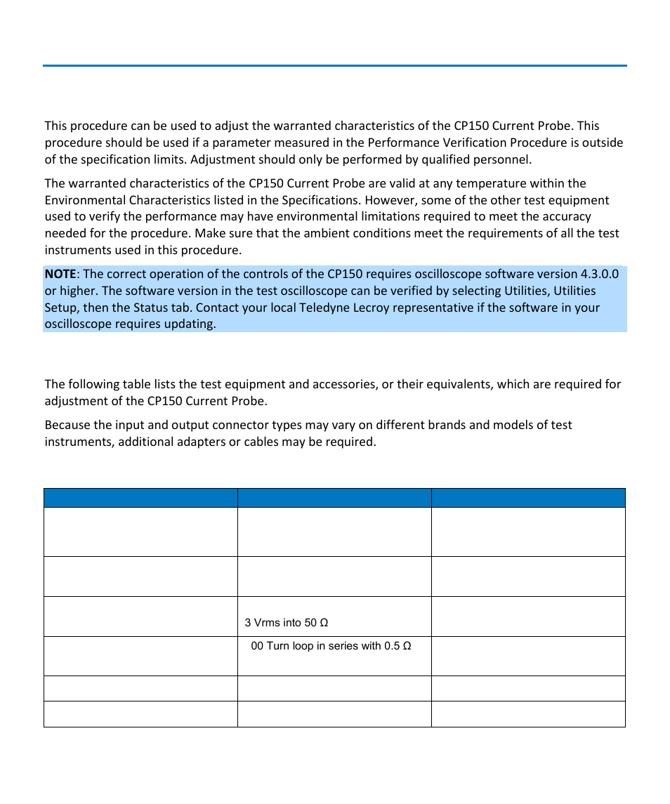 Adjustment procedure, Test equipment required, Instruction manual | Teledyne LeCroy CP150 User Manual | Page 17 / 28