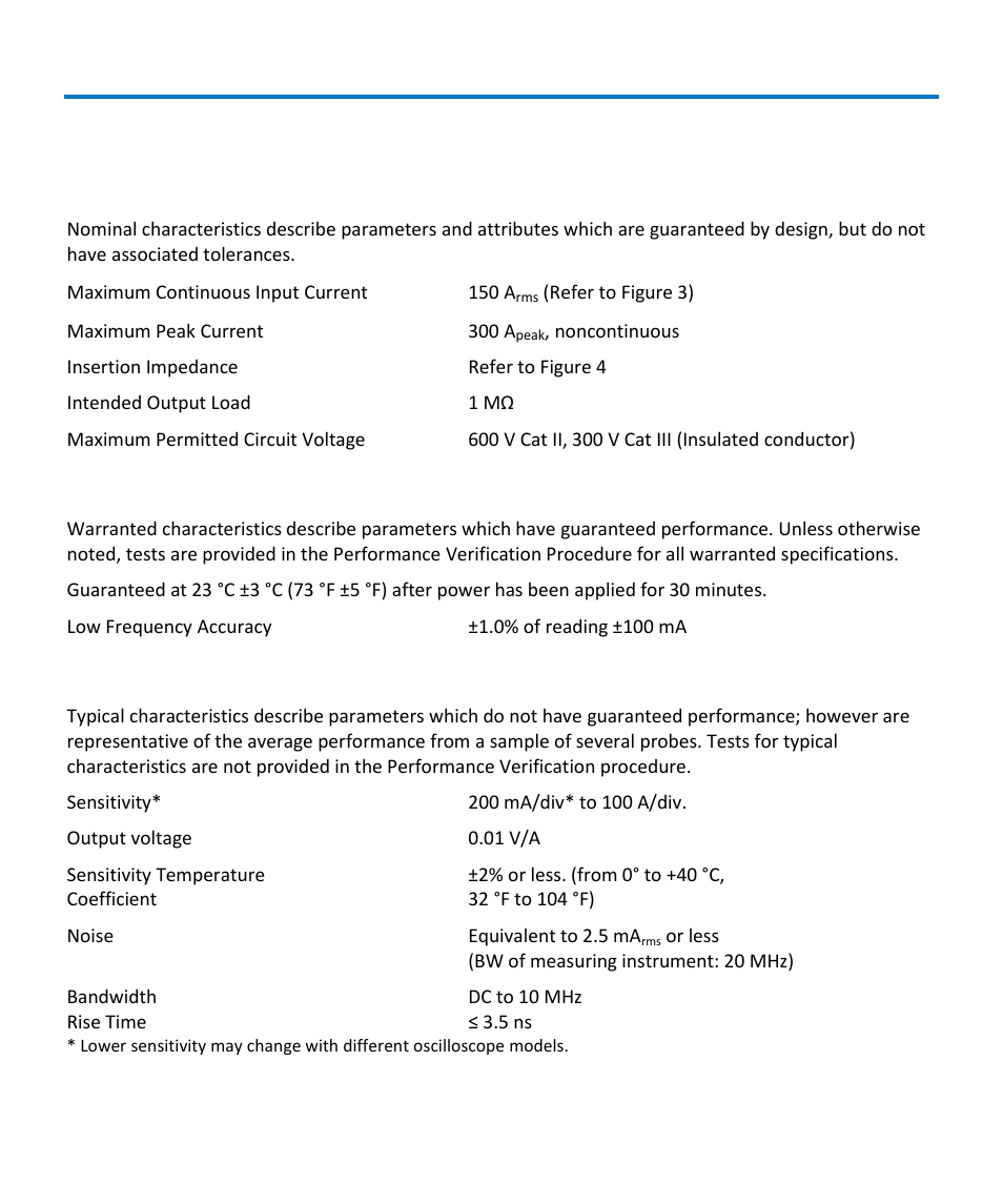 Specifications, Nominal characteristics, Warranted characteristics | Typical characteristics | Teledyne LeCroy CP150 User Manual | Page 20 / 28