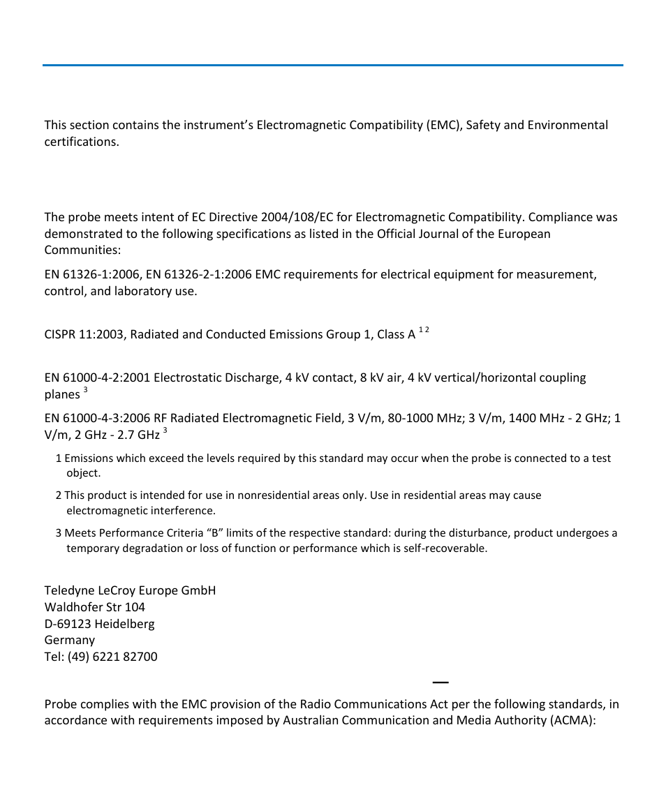 Certifications, Emc compliance, Ec declaration of conformity - emc | Teledyne LeCroy CP150 User Manual | Page 23 / 28