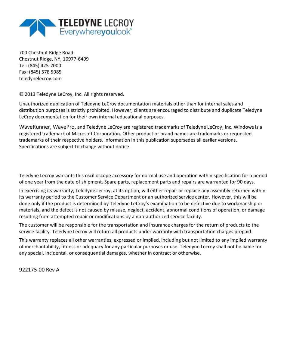 Warranty | Teledyne LeCroy CP150 User Manual | Page 4 / 28