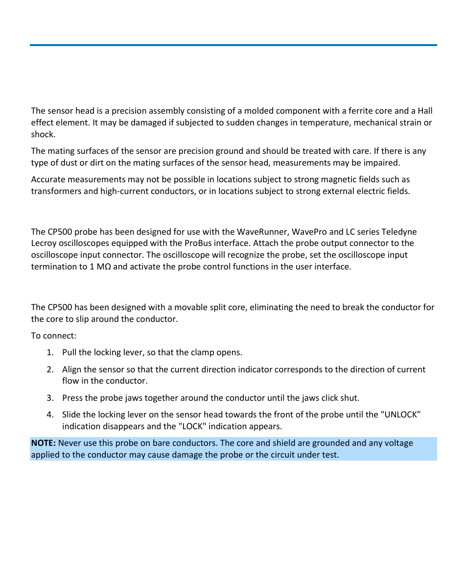 Operation, Precautions, Connecting the probe to the test instrument | Connecting the probe to the test circuit | Teledyne LeCroy CP500 User Manual | Page 10 / 32