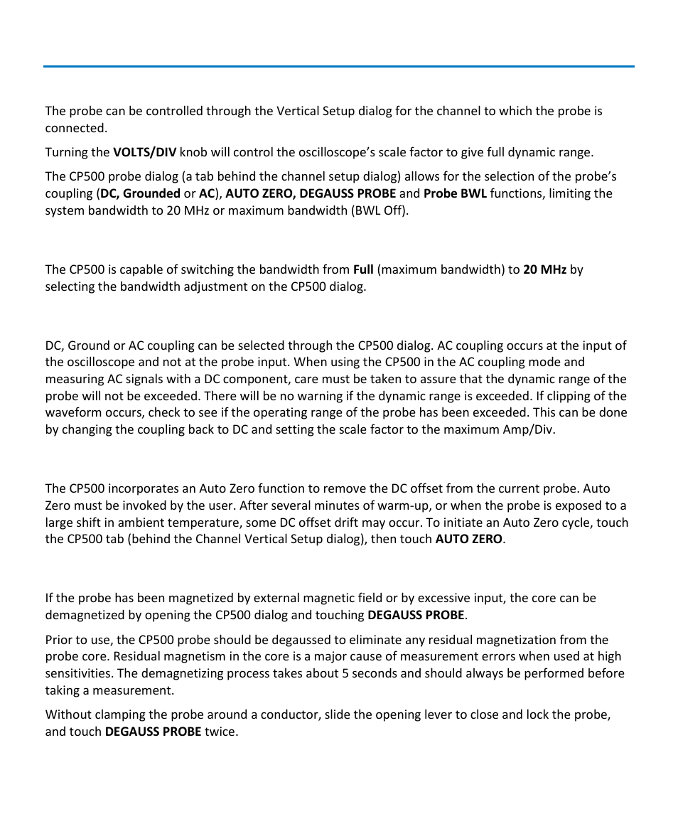 Operation with a teledyne lecroy oscilloscope, Bandwidth limit, Ac coupling | Auto zero, Degauss probe | Teledyne LeCroy CP500 User Manual | Page 11 / 32