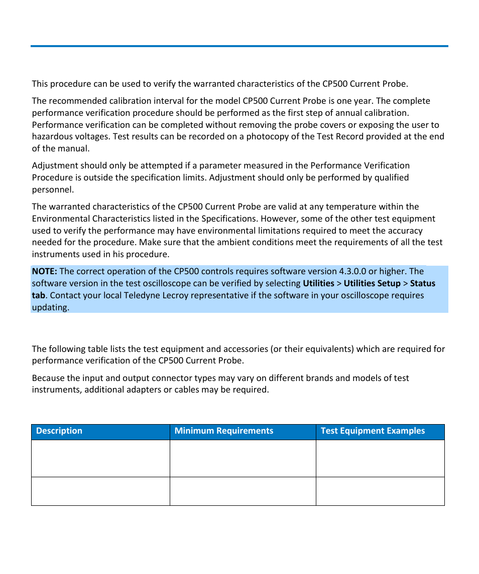 Performance verification, Test equipment required | Teledyne LeCroy CP500 User Manual | Page 16 / 32