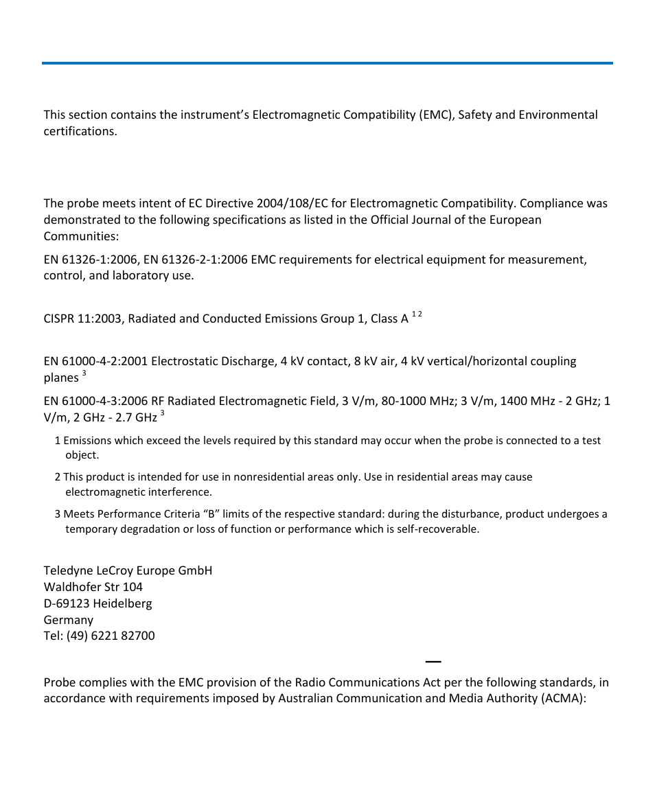 Certifications, Emc compliance | Teledyne LeCroy CP500 User Manual | Page 26 / 32