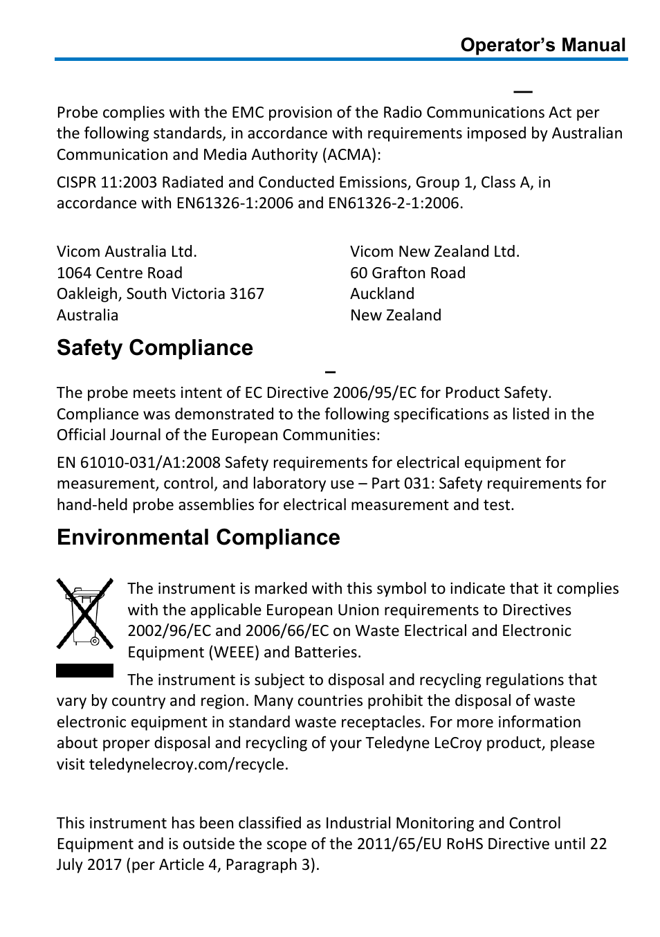 Safety compliance, Environmental compliance | Teledyne LeCroy DXC100A User Manual | Page 21 / 24