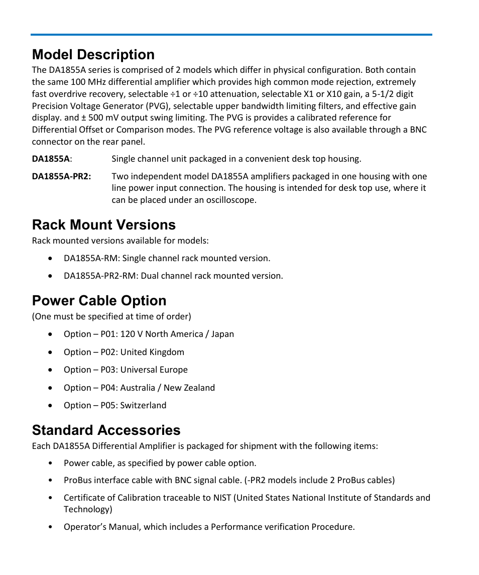 Model description, Rack mount versions, Power cable option | Standard accessories | Teledyne LeCroy DA1855A User Manual | Page 16 / 94