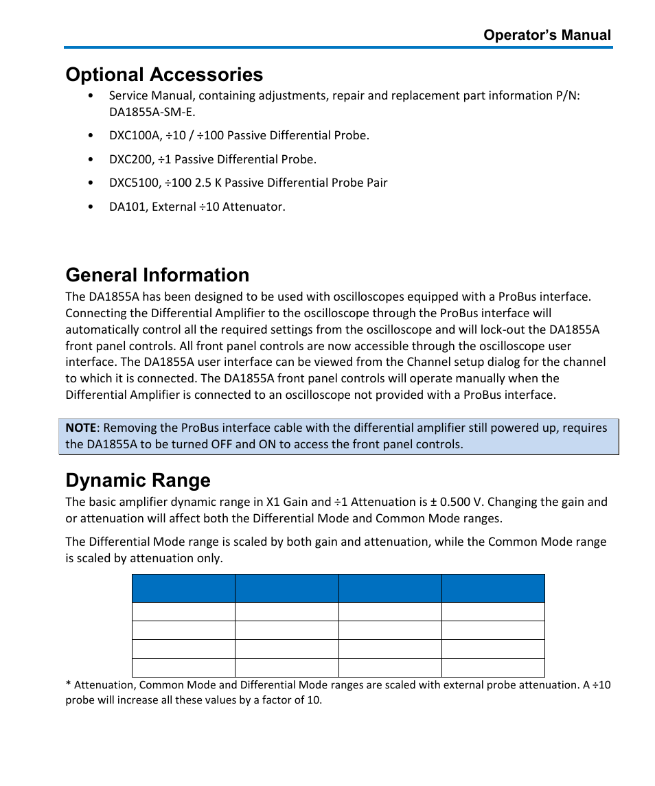 Operation, Optional accessories, General information | Dynamic range | Teledyne LeCroy DA1855A User Manual | Page 17 / 94