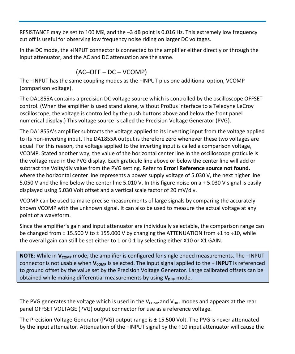 Input coupling (ac–off – dc – vcomp), Precision voltage generator | Teledyne LeCroy DA1855A User Manual | Page 20 / 94