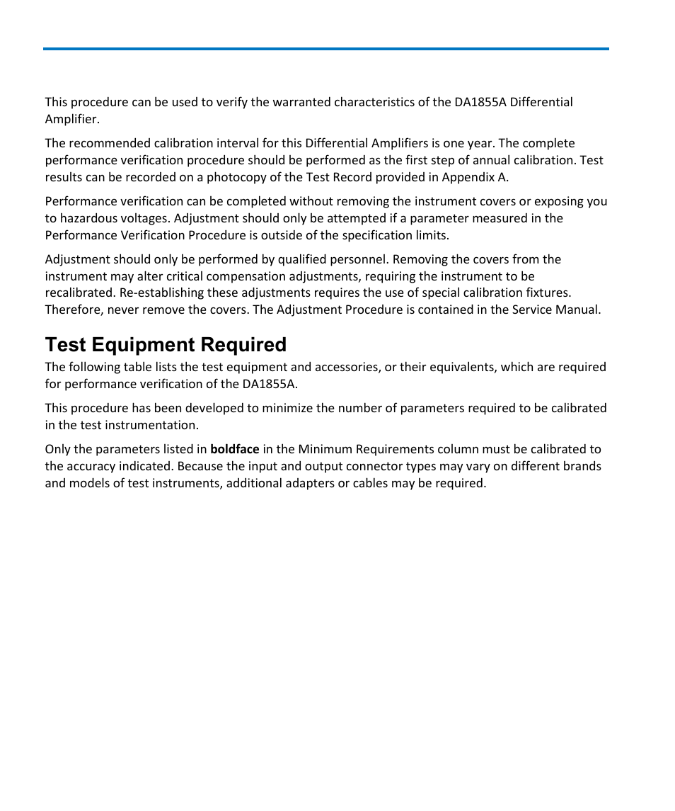 Performance verification, Test equipment required | Teledyne LeCroy DA1855A User Manual | Page 62 / 94