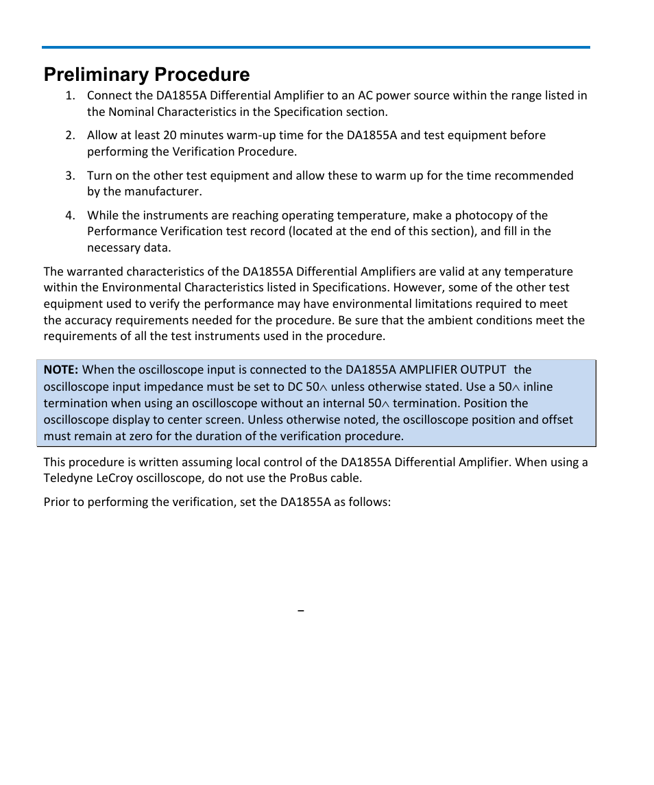 Preliminary procedure, Da1855a differential amplifier | Teledyne LeCroy DA1855A User Manual | Page 64 / 94