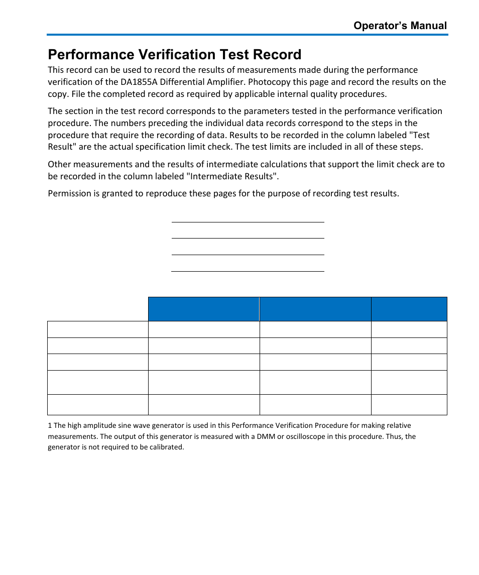 Performance verification test record, Equipment used, Operator’s manual | Teledyne LeCroy DA1855A User Manual | Page 83 / 94