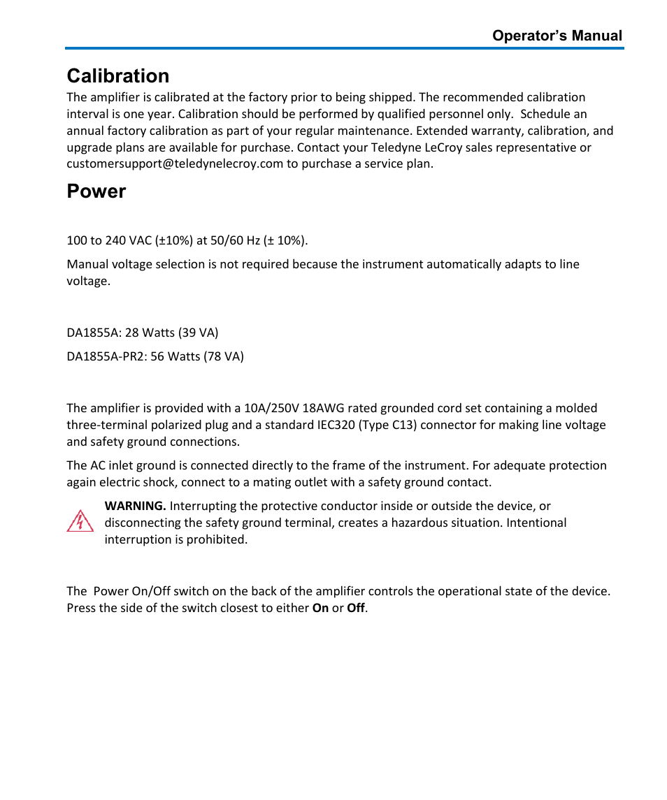 Calibration, Power | Teledyne LeCroy DA1855A User Manual | Page 9 / 94