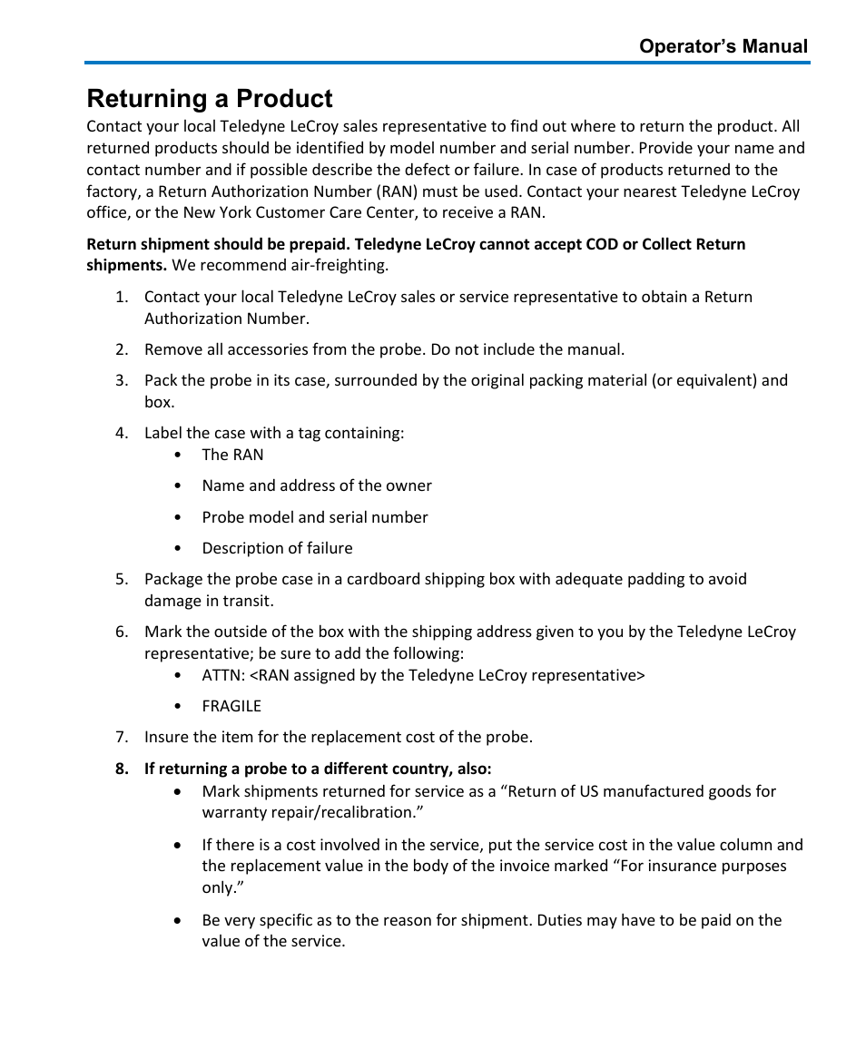 Returning a product | Teledyne LeCroy DA1855A User Manual | Page 91 / 94