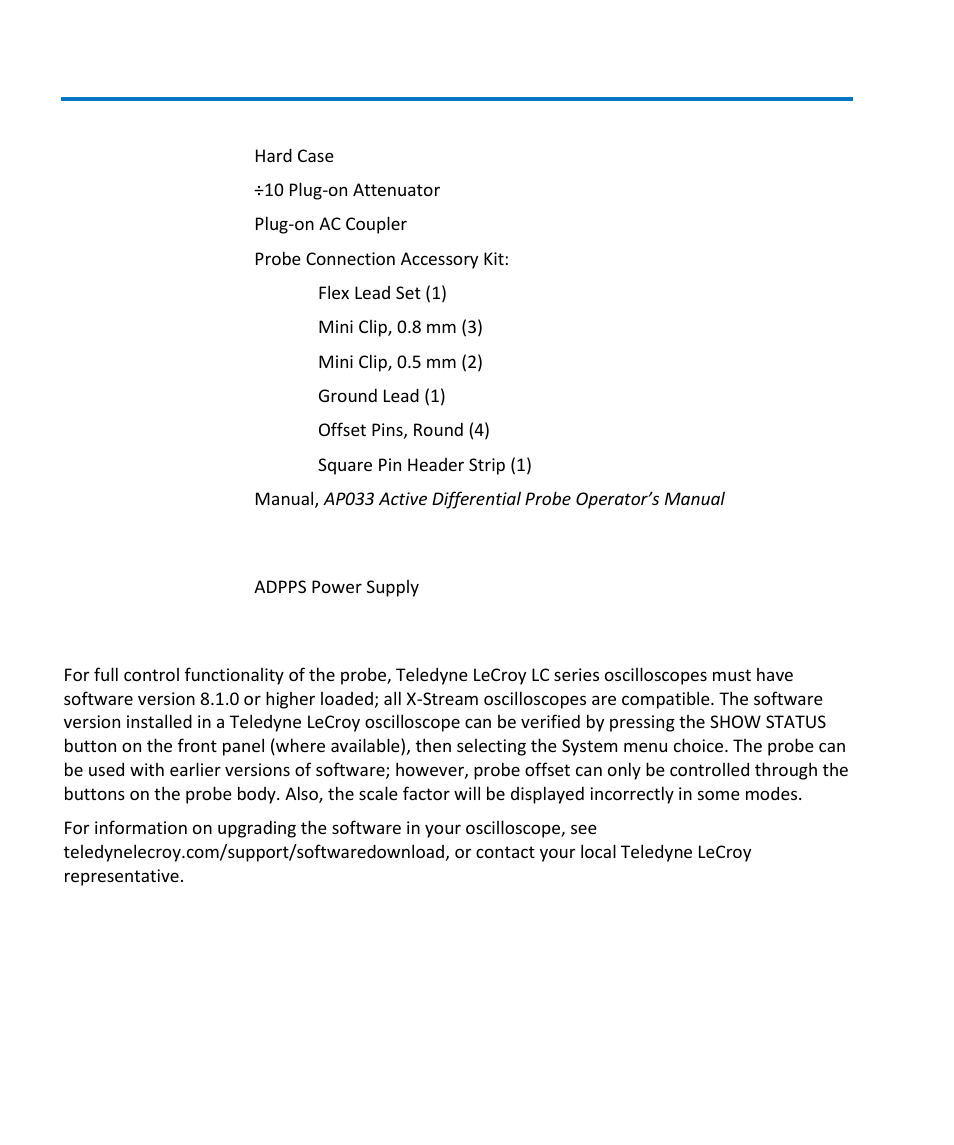 Standard accessories, Optional accessories, Oscilloscope software compatibility | Teledyne LeCroy AP033 User Manual | Page 10 / 62