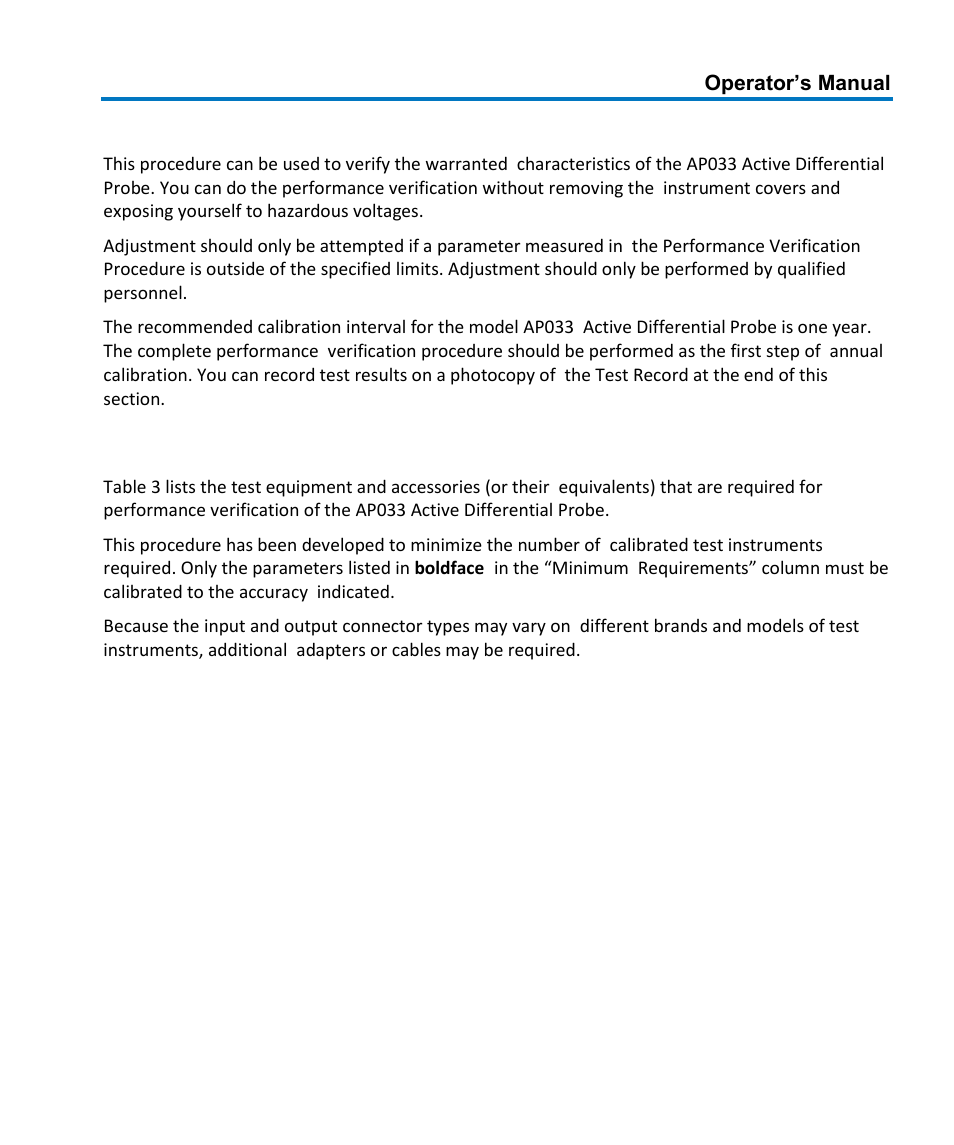 Performance verification, Test equipment required | Teledyne LeCroy AP033 User Manual | Page 31 / 62