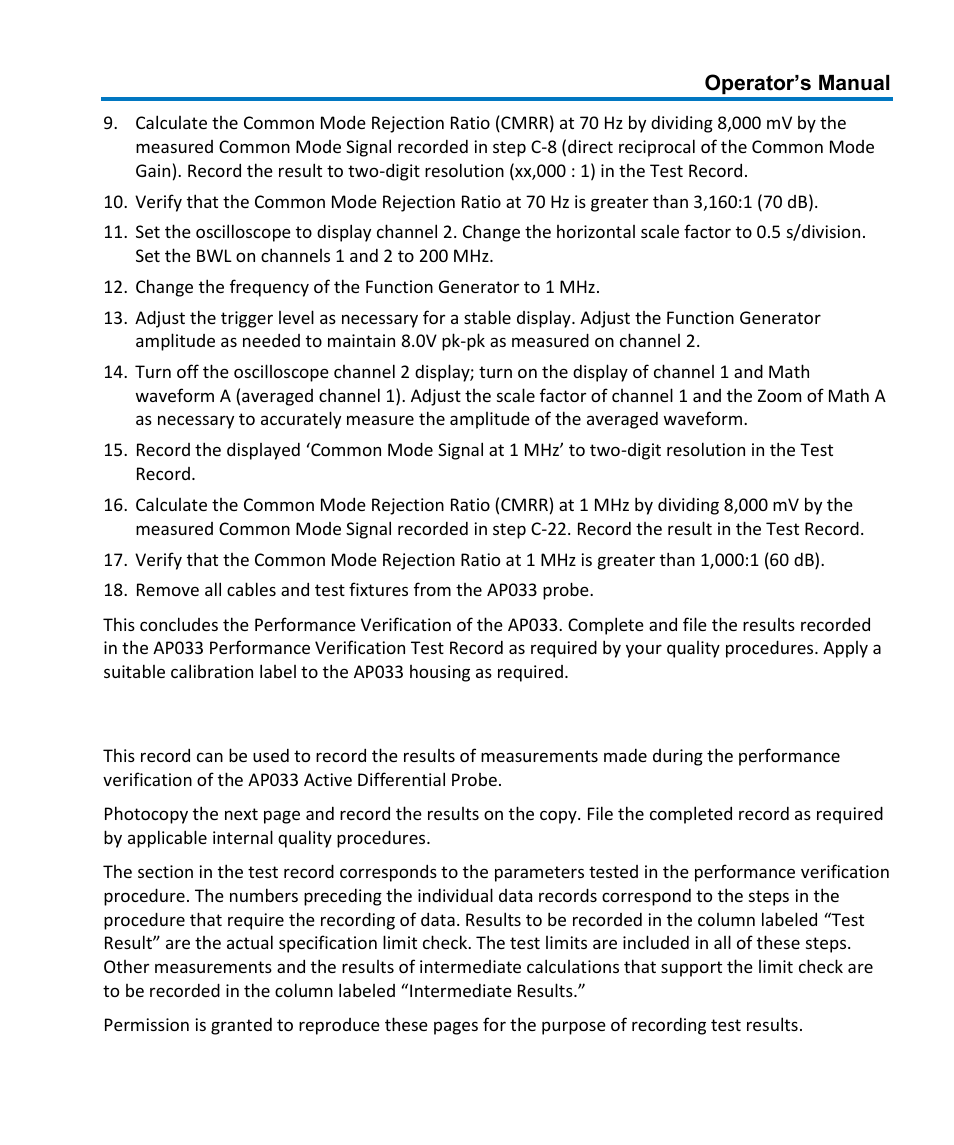 Ap033 performance verification test record | Teledyne LeCroy AP033 User Manual | Page 39 / 62