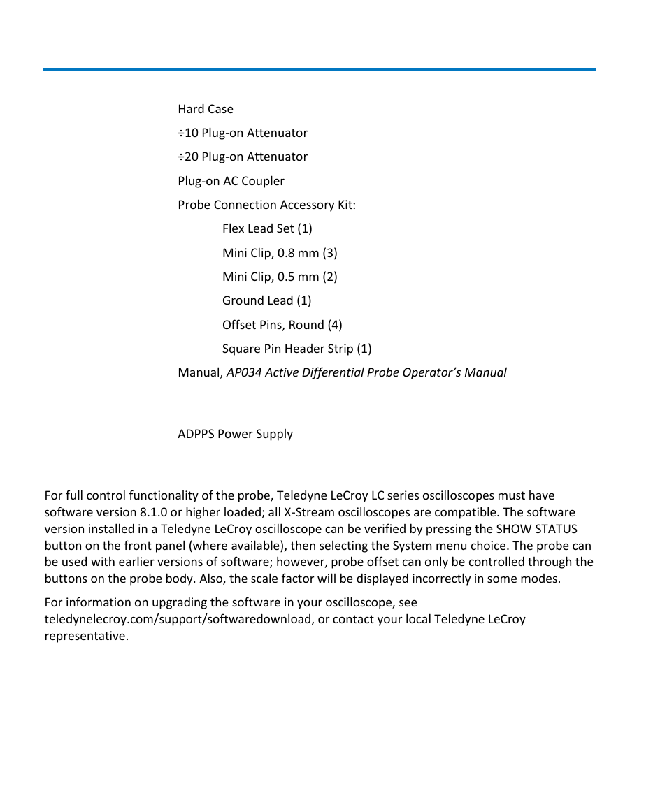 Standard accessories, Optional accessories, Oscilloscope software compatibility | Teledyne LeCroy AP034 User Manual | Page 10 / 60
