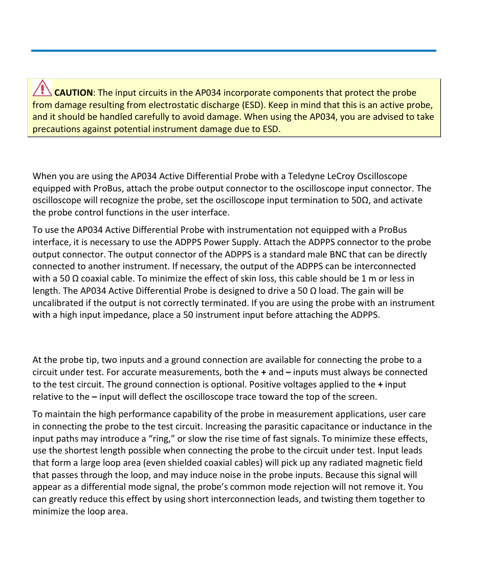 Operation, Connecting the probe to the test instrument, Connecting the probe to the test circuit | Teledyne LeCroy AP034 User Manual | Page 14 / 60