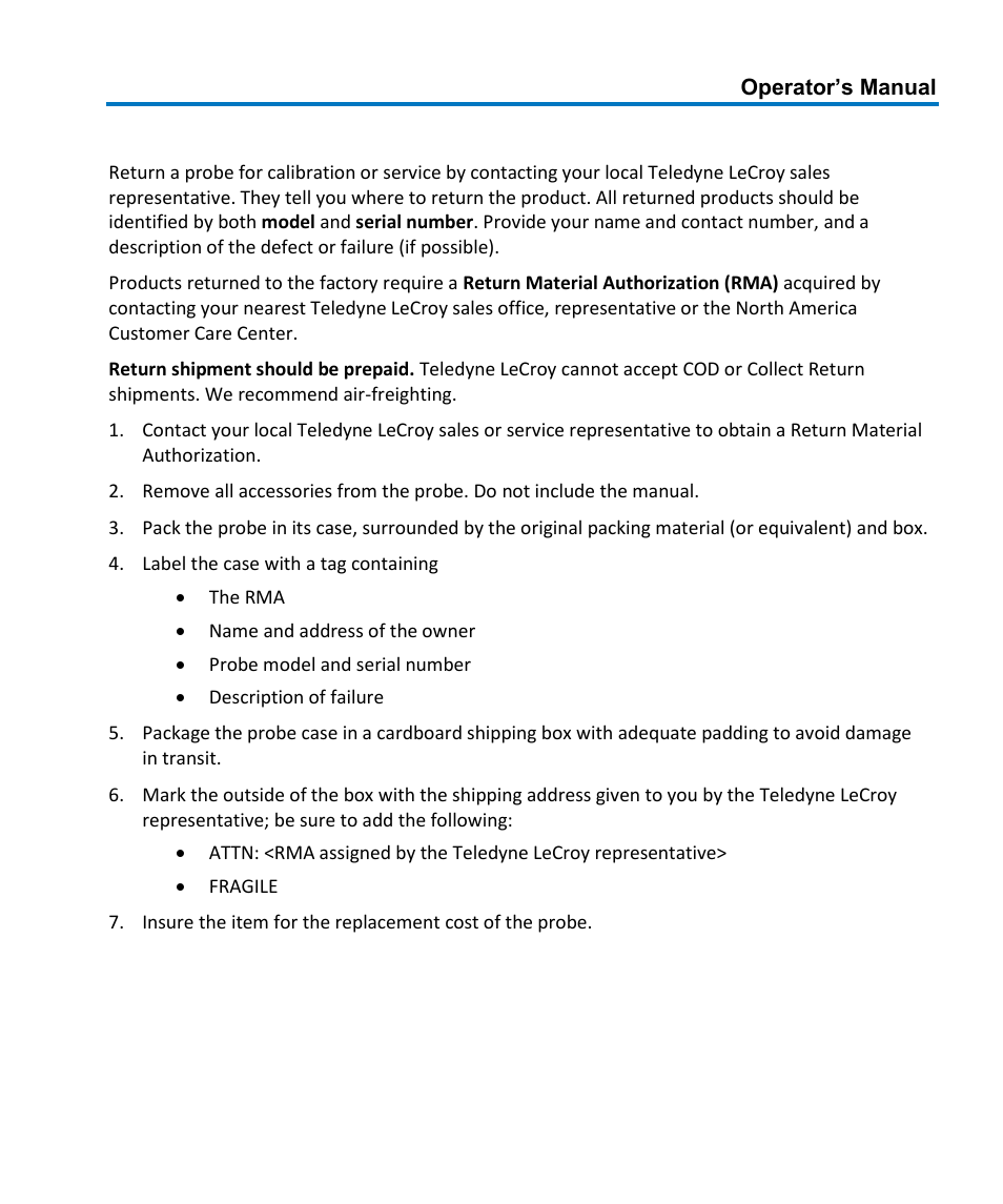 Returning a probe | Teledyne LeCroy AP034 User Manual | Page 25 / 60