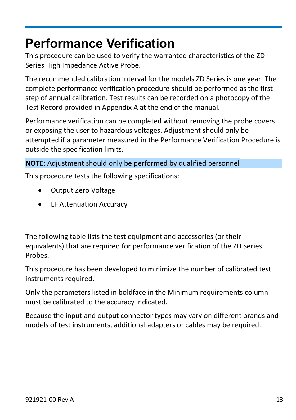 Performance verification, Required test equipment | Teledyne LeCroy ZD1500 User Manual | Page 19 / 32