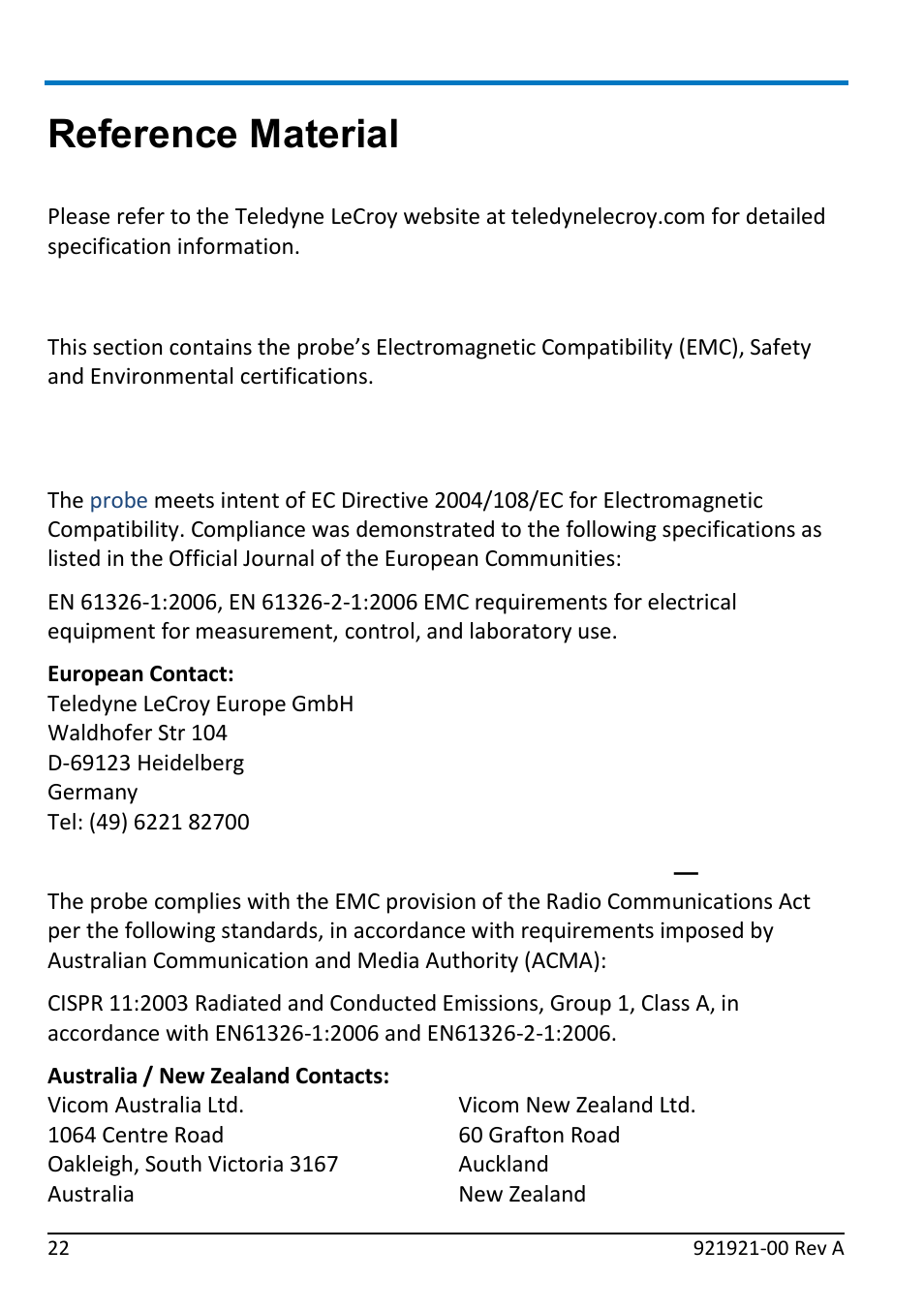 Reference material, Specifications, Certifications | Emc compliance | Teledyne LeCroy ZD1500 User Manual | Page 28 / 32