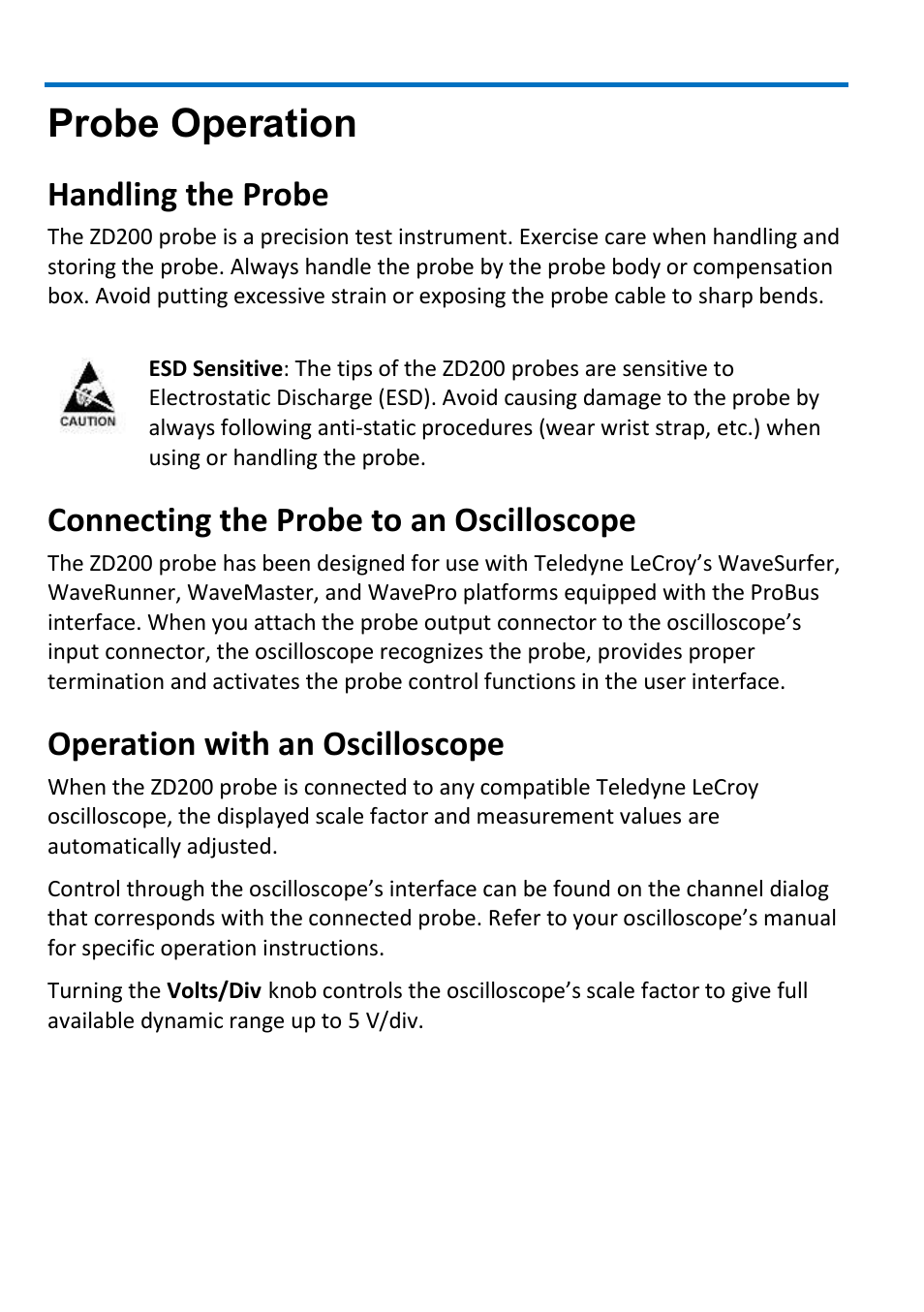Probe operation, Handling the probe, Connecting the probe to an oscilloscope | Operation with an oscilloscope | Teledyne LeCroy ZD200 User Manual | Page 12 / 28