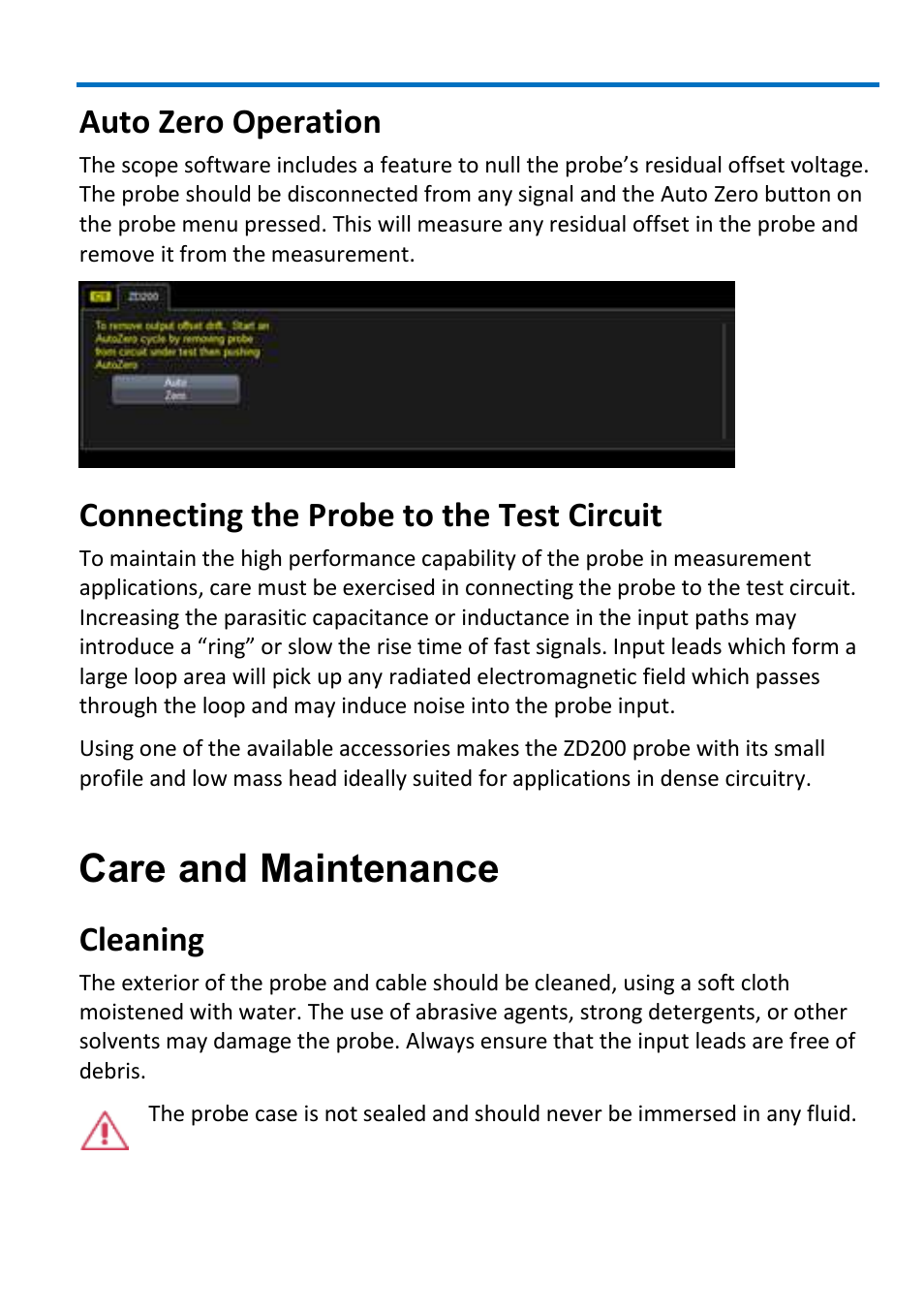 Care and maintenance, Auto zero operation, Connecting the probe to the test circuit | Cleaning | Teledyne LeCroy ZD200 User Manual | Page 13 / 28