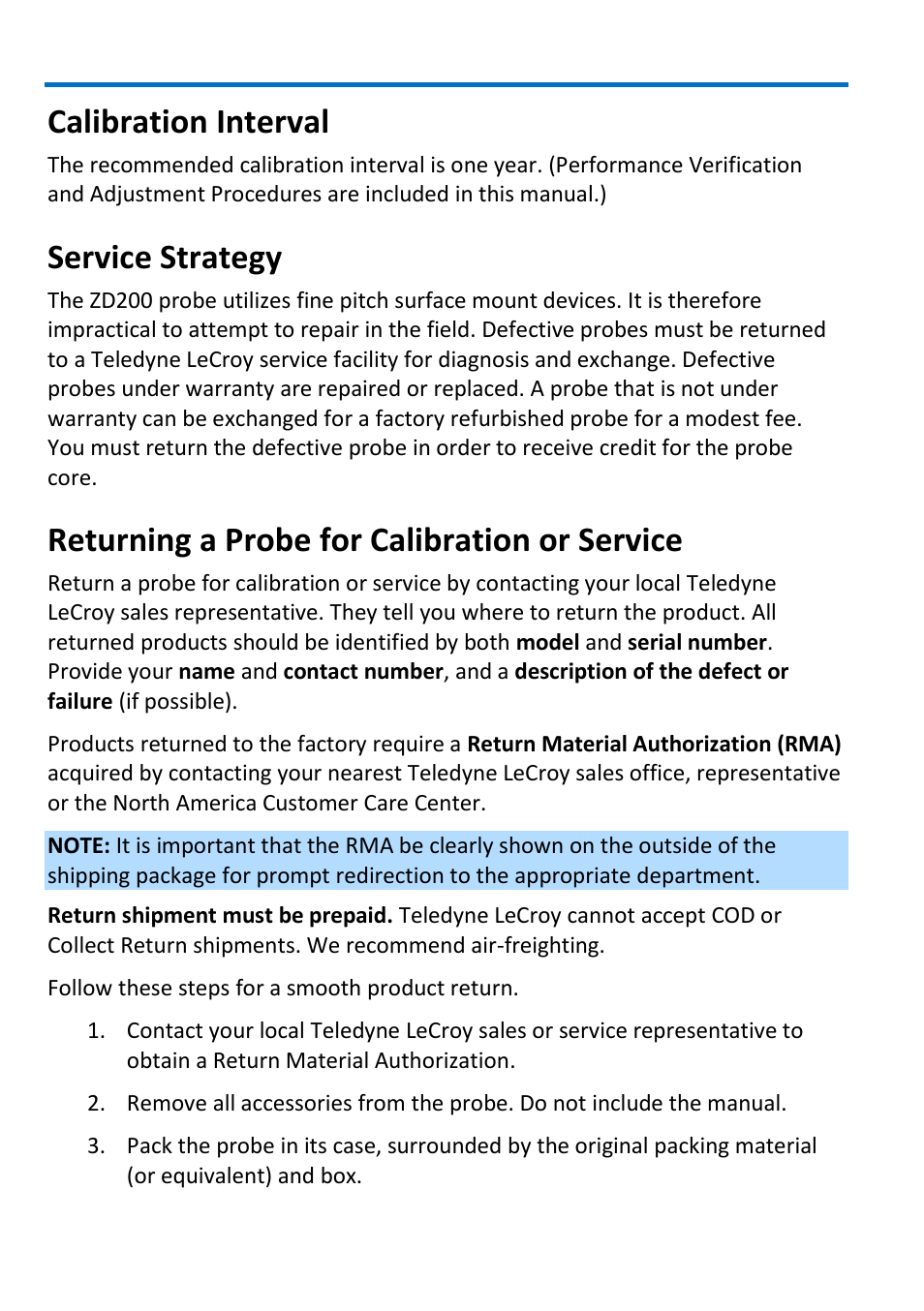 Calibration interval, Service strategy, Returning a probe for calibration or service | Teledyne LeCroy ZD200 User Manual | Page 14 / 28