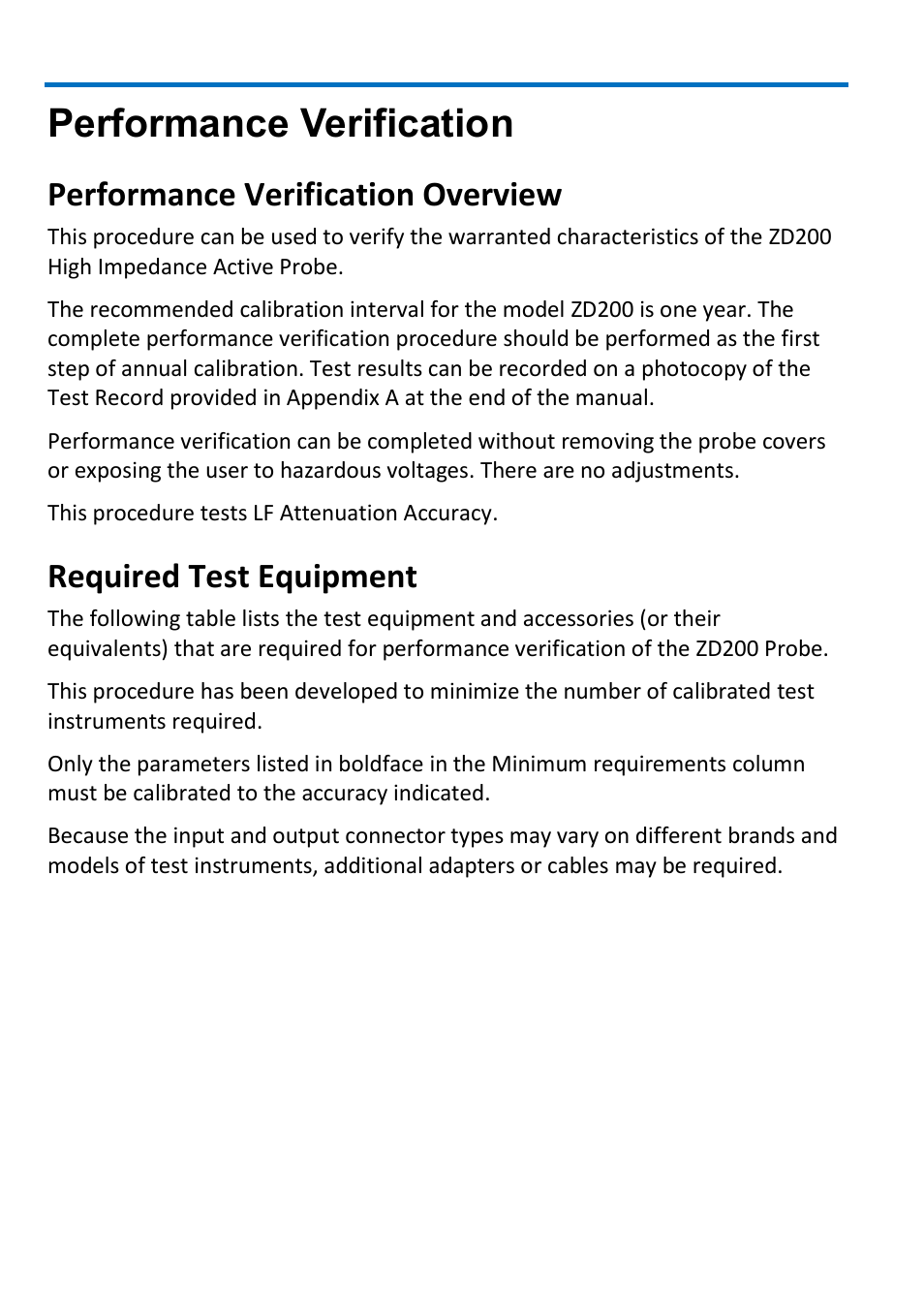 Performance verification, Performance verification overview, Required test equipment | Teledyne LeCroy ZD200 User Manual | Page 16 / 28