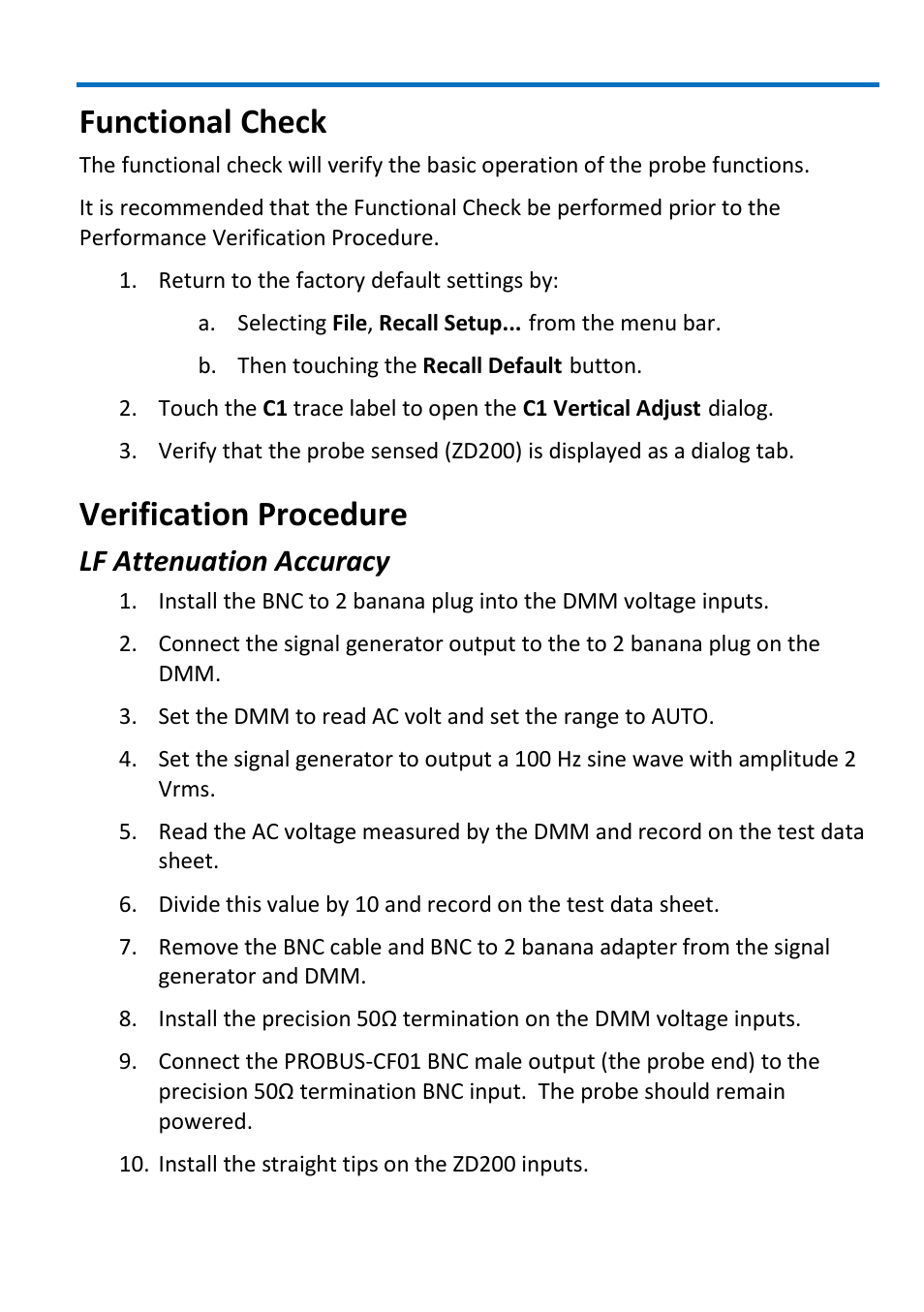 Functional check, Verification procedure, Lf attenuation accuracy | Teledyne LeCroy ZD200 User Manual | Page 19 / 28