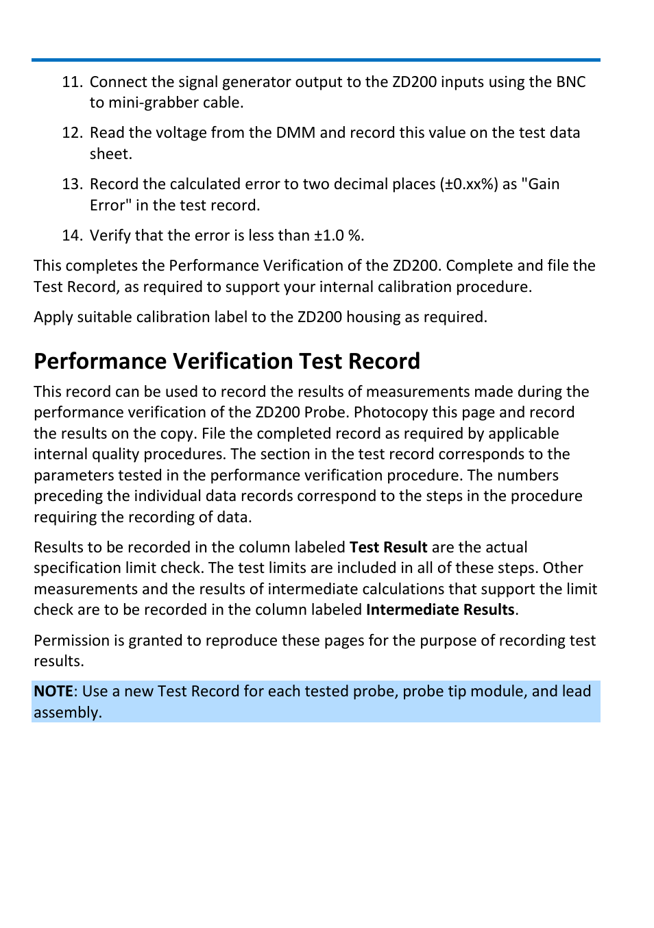 Performance verification test record | Teledyne LeCroy ZD200 User Manual | Page 20 / 28