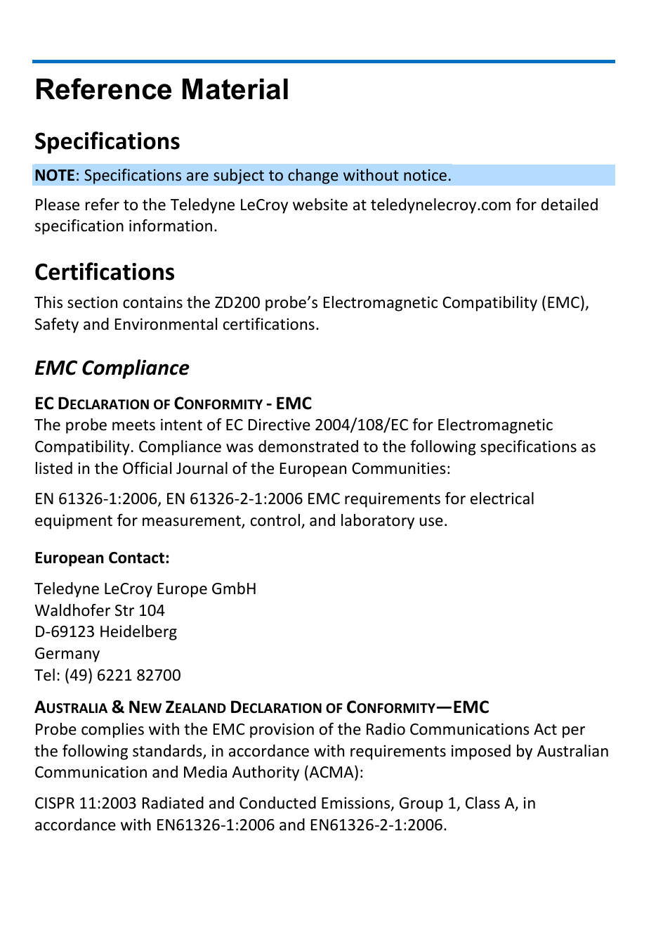 Reference material, Specifications, Certifications | Emc compliance | Teledyne LeCroy ZD200 User Manual | Page 22 / 28