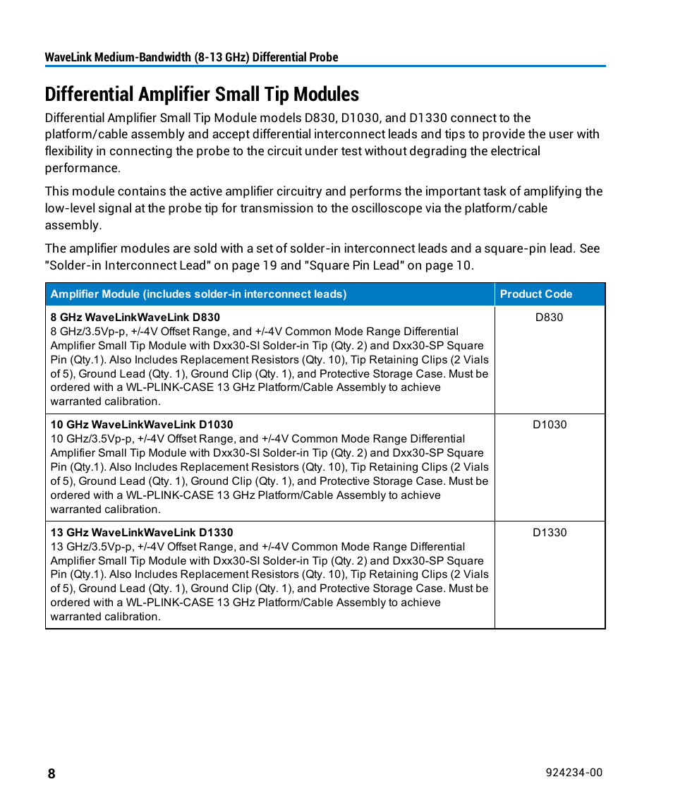 Differential amplifier small tip modules | Teledyne LeCroy WaveLink Differential Probe Series (8-13 GHz) User Manual | Page 14 / 70