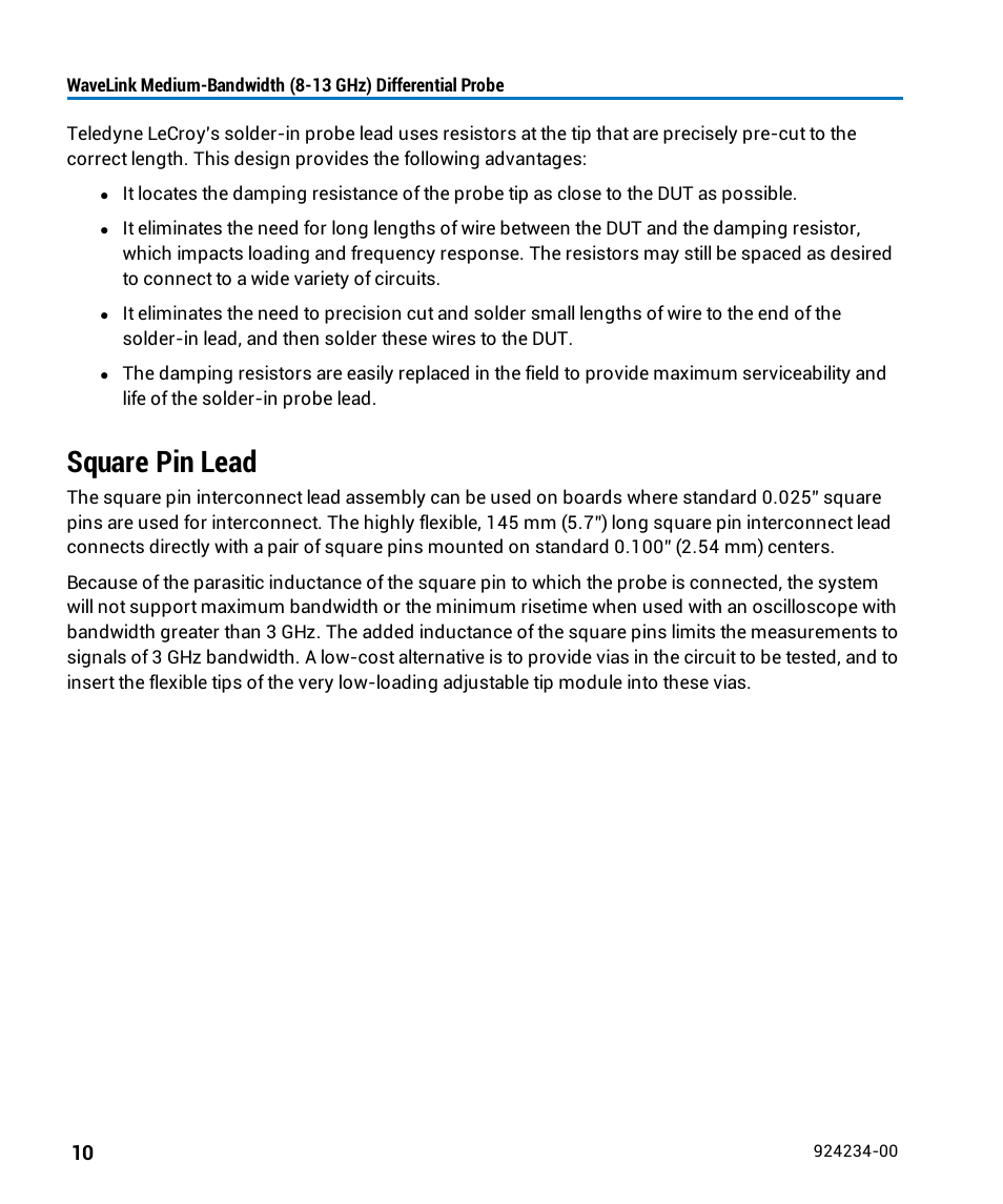 Square pin lead | Teledyne LeCroy WaveLink Differential Probe Series (8-13 GHz) User Manual | Page 16 / 70