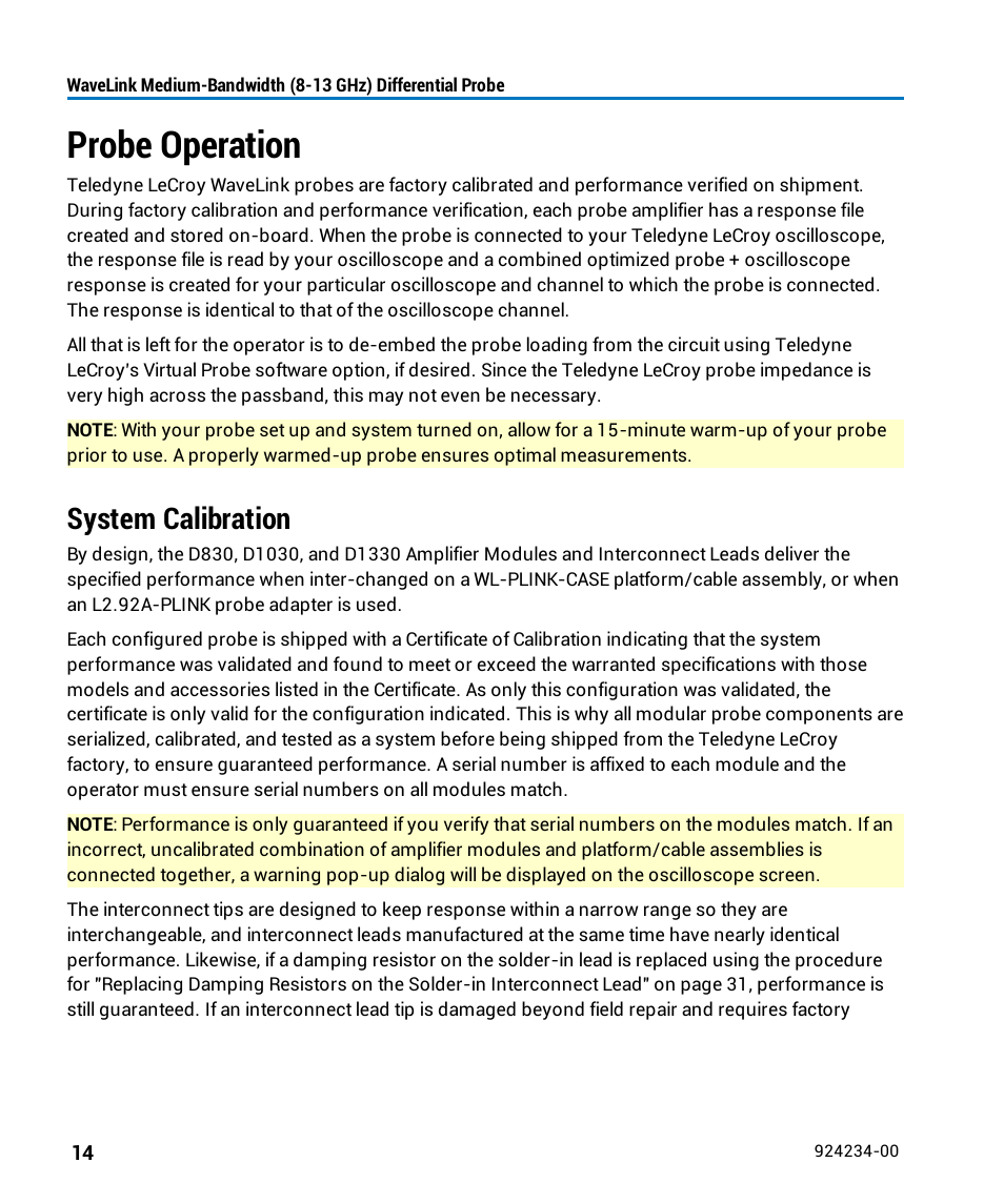 Probe operation, System calibration | Teledyne LeCroy WaveLink Differential Probe Series (8-13 GHz) User Manual | Page 20 / 70