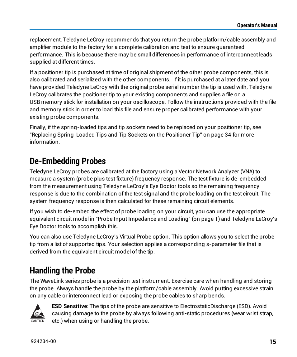 De-embedding probes, Handling the probe | Teledyne LeCroy WaveLink Differential Probe Series (8-13 GHz) User Manual | Page 21 / 70