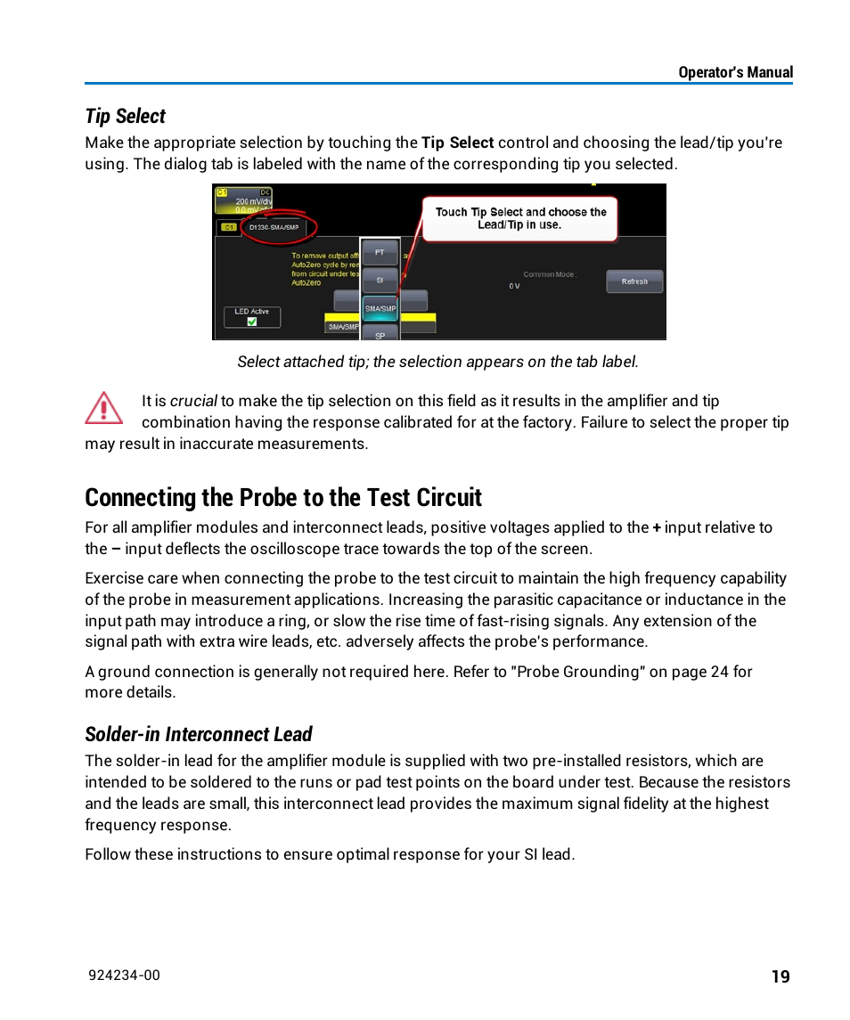 Connecting the probe to the test circuit, Tip select, Solder-in interconnect lead | Teledyne LeCroy WaveLink Differential Probe Series (8-13 GHz) User Manual | Page 25 / 70