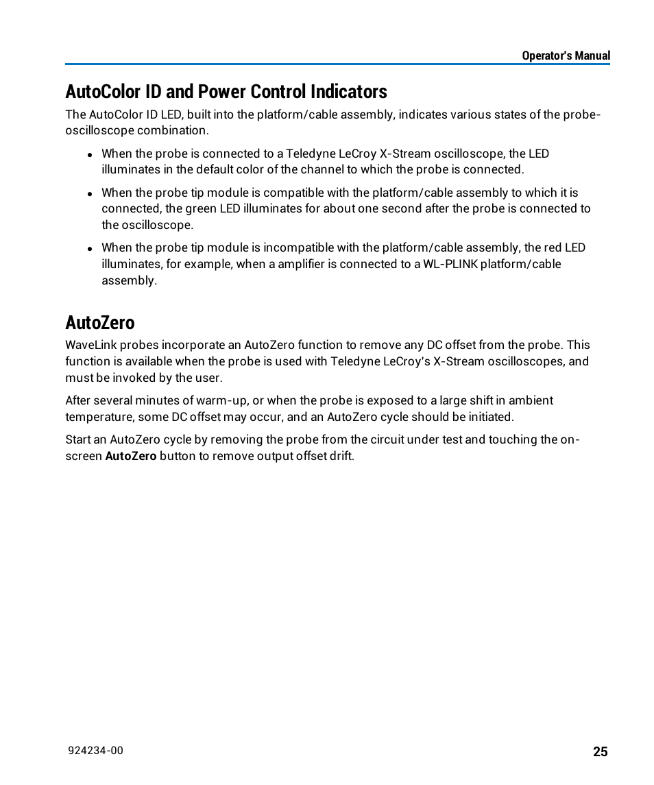 Autocolor id and power control indicators, Autozero | Teledyne LeCroy WaveLink Differential Probe Series (8-13 GHz) User Manual | Page 31 / 70