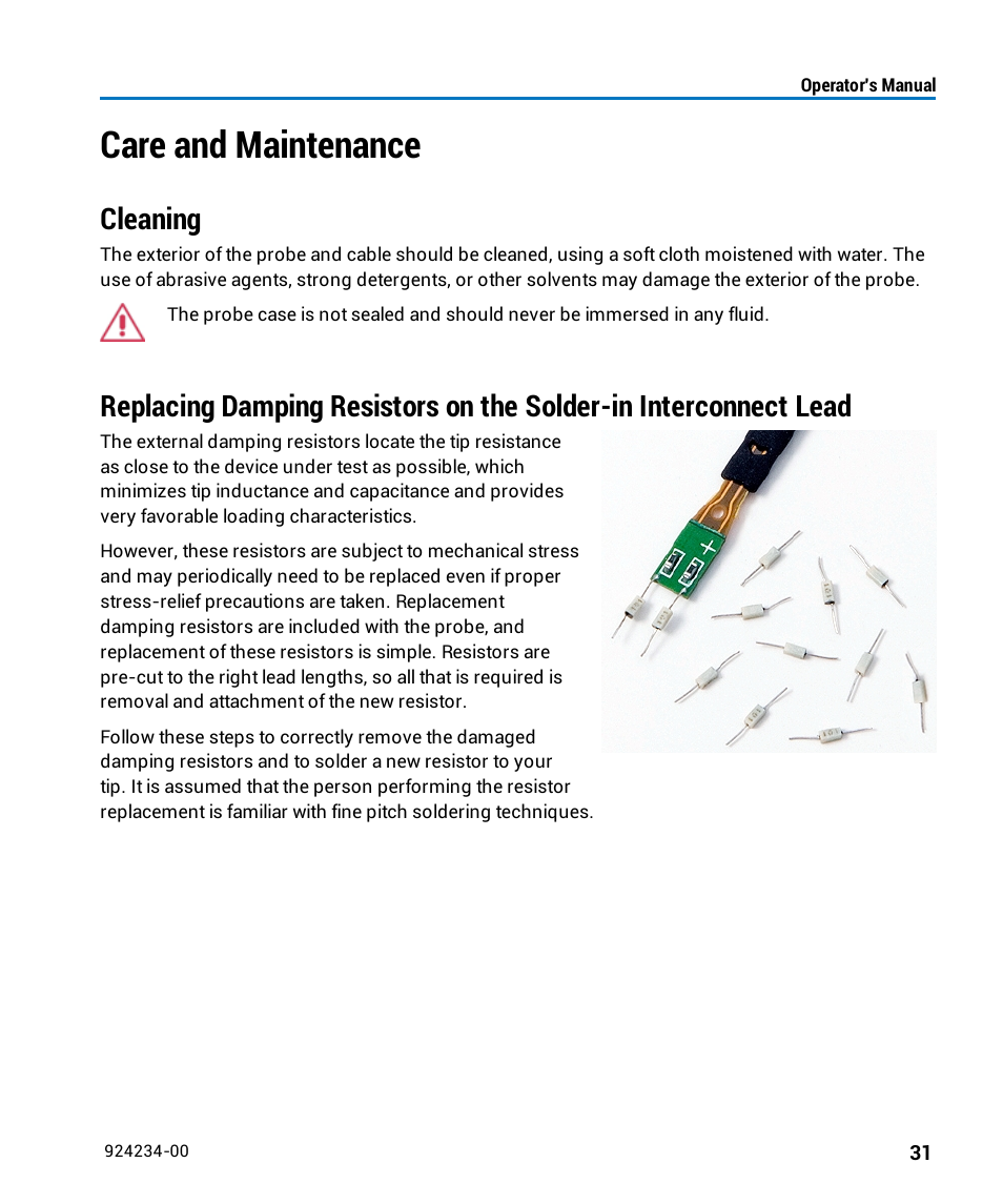 Care and maintenance, Cleaning | Teledyne LeCroy WaveLink Differential Probe Series (8-13 GHz) User Manual | Page 37 / 70