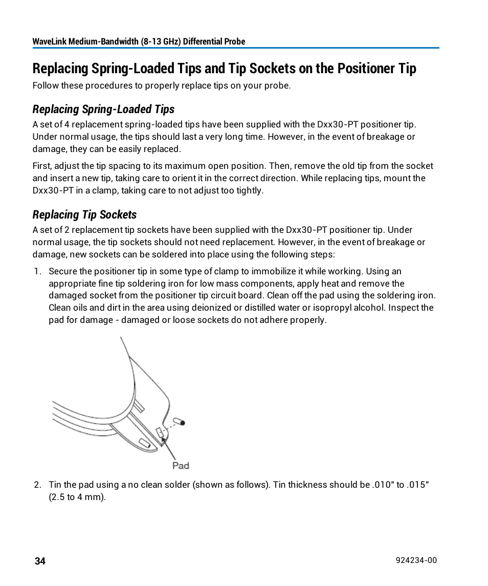 Replacing spring-loaded tips, Replacing tip sockets | Teledyne LeCroy WaveLink Differential Probe Series (8-13 GHz) User Manual | Page 40 / 70