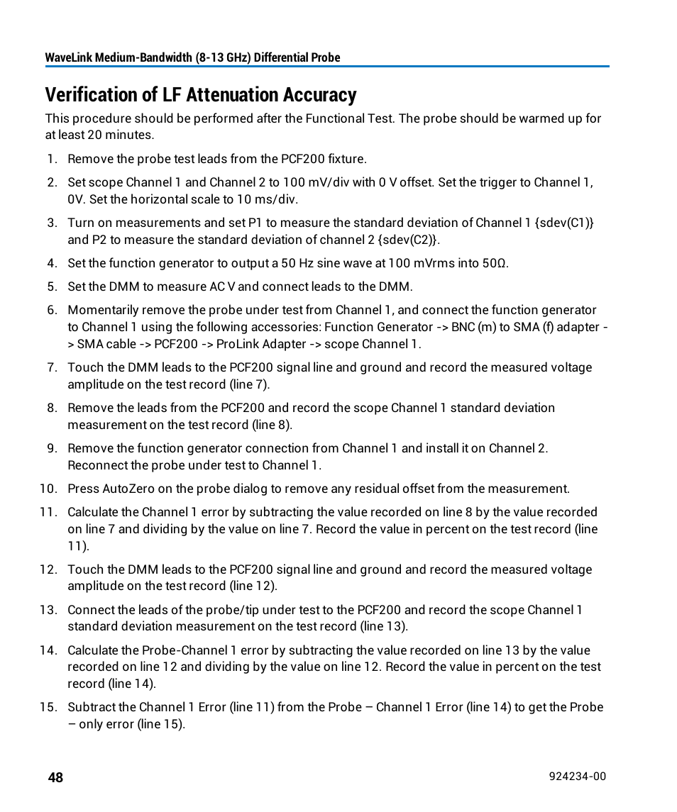 Verification of lf attenuation accuracy | Teledyne LeCroy WaveLink Differential Probe Series (8-13 GHz) User Manual | Page 54 / 70