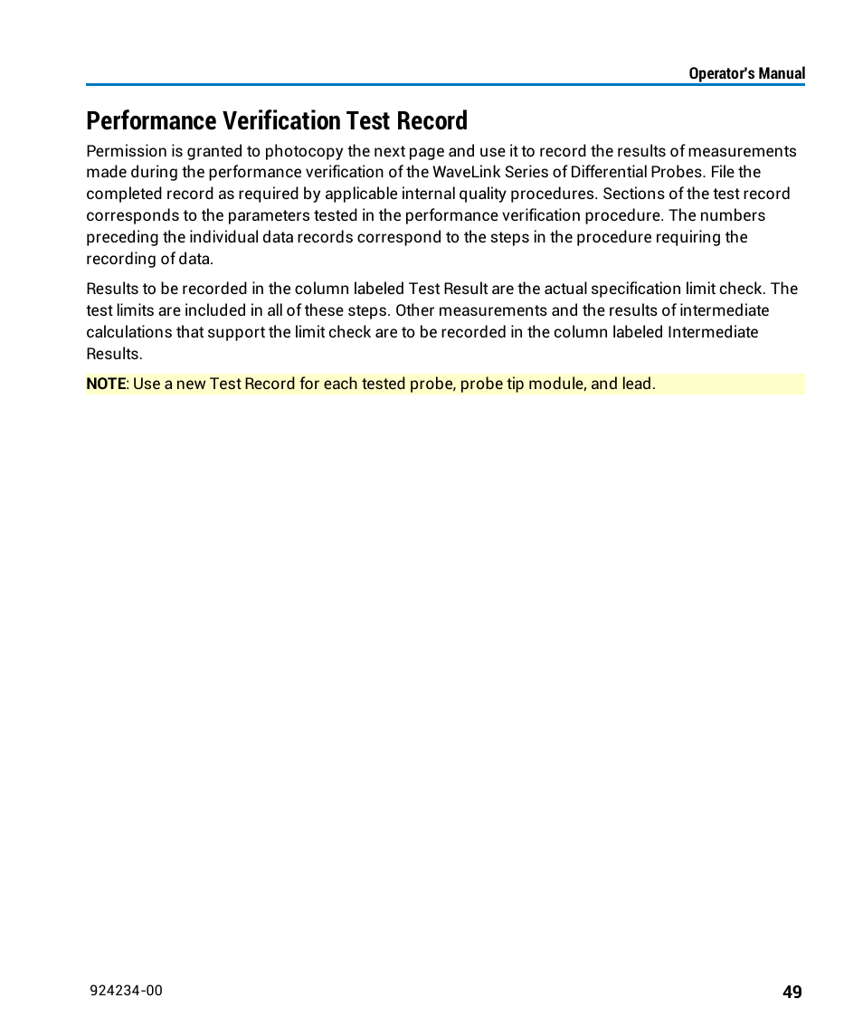 Performance verification test record | Teledyne LeCroy WaveLink Differential Probe Series (8-13 GHz) User Manual | Page 55 / 70
