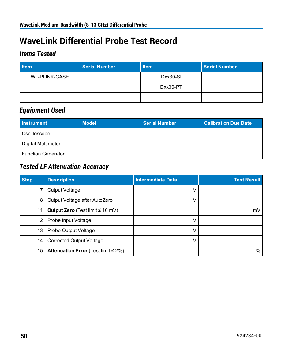 Wavelink differential probe test record, Items tested, Equipment used | Tested lf attenuation accuracy | Teledyne LeCroy WaveLink Differential Probe Series (8-13 GHz) User Manual | Page 56 / 70