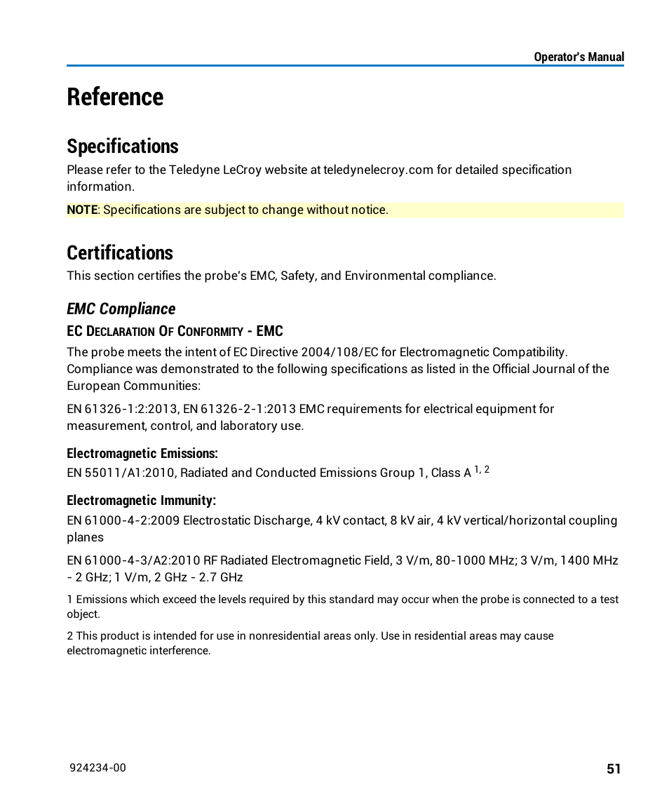 Reference, Specifications, Certifications | Teledyne LeCroy WaveLink Differential Probe Series (8-13 GHz) User Manual | Page 57 / 70