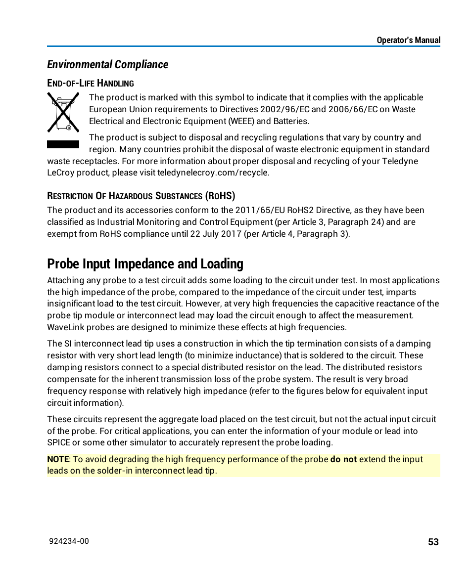 Probe input impedance and loading, Environmental compliance | Teledyne LeCroy WaveLink Differential Probe Series (8-13 GHz) User Manual | Page 59 / 70