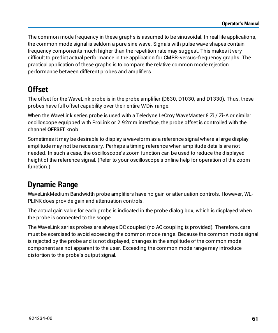 Offset, Dynamic range | Teledyne LeCroy WaveLink Differential Probe Series (8-13 GHz) User Manual | Page 67 / 70