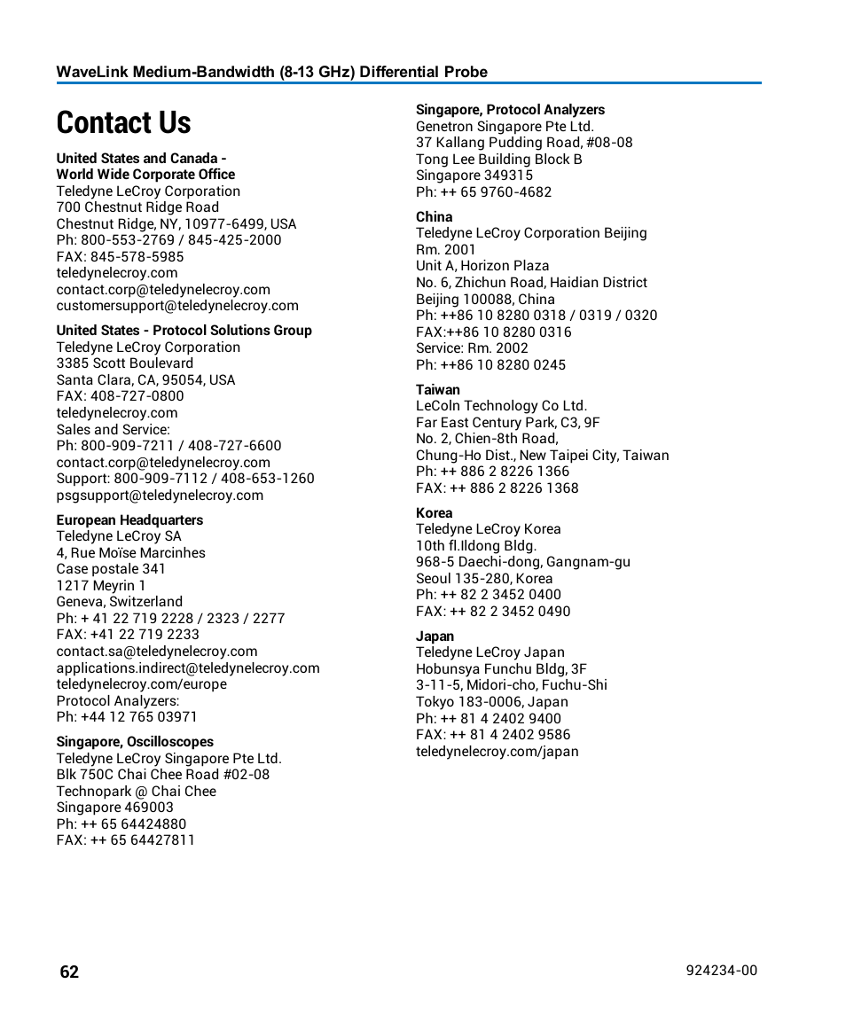 Contact us | Teledyne LeCroy WaveLink Differential Probe Series (8-13 GHz) User Manual | Page 68 / 70
