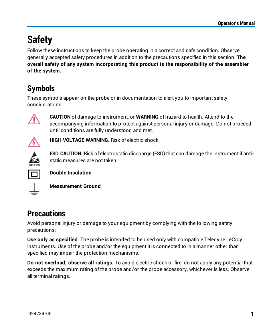 Safety, Symbols, Precautions | Teledyne LeCroy WaveLink Differential Probe Series (8-13 GHz) User Manual | Page 7 / 70