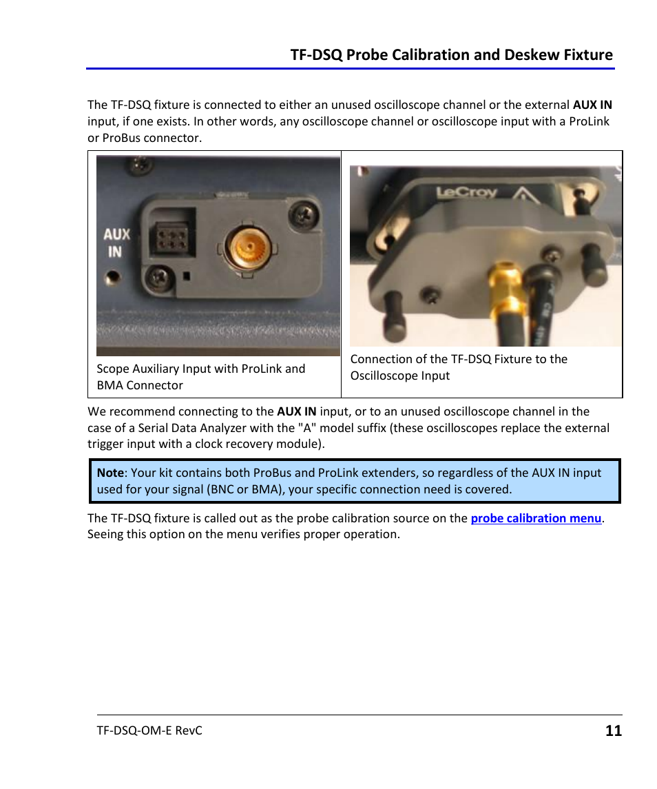 Tf-dsq oscilloscope connection, Probe connection to fixture, Tf-dsq probe calibration and deskew fixture | 11 tf-dsq oscilloscope connection | Teledyne LeCroy TF-DSQ User Manual | Page 11 / 31